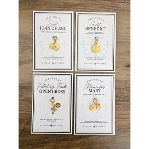 My Saint My Hero NWT Set of 4 Gold Charm Medals w/ Prayer Cards Saints Jewelry